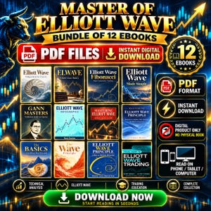 May include: A digital bundle of 12 ebooks titled Master of Elliott Wave, featuring PDF files for instant download. The graphic displays 12 book covers, a bull illustration, stock market charts, and icons for phone, tablet, and computer compatibility.