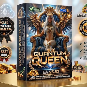 May include: A product box featuring the text "QUANTUM QUEEN EA v3.52". The box art depicts a woman in a golden crown and wings seated on a throne. Additional text includes "BEST MT5 GOLD EA", "MetaTrader 5", and a "100% Guaranteed" seal.