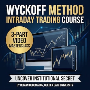 以下が含まれることがあります： 取引コースのプロモーション画像。「Wyckoff Method Intraday Trading Course」と「Uncover Institutional Secret」というテキスト。株式チャートを表示するコンピューター、タブレット、電話、そして「3-Part Video Masterclass」と書かれた金の円が特徴です。