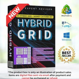 May include: A black product box with the text "HYBRID GRID" in blue and white. The box also features the text "EXPERT ADVISOR" and "EA HYBRID GRID = MONEY CATCHER NET". Additional icons and text are visible, including "MetaTrader 4", "VPS", and "Windows". A red banner reads "NEW".