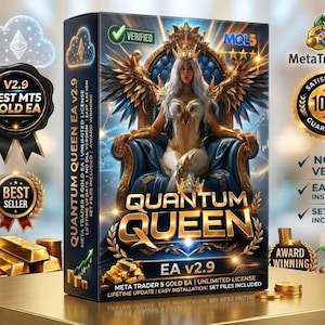 May include: A product box for "Quantum Queen EA v2.9" featuring a woman in a crown on a throne. The box has gold accents, the text "Best MT5 Gold EA", and "Best Seller" badges. Additional text includes "MetaTrader 5" and "Award Winning".