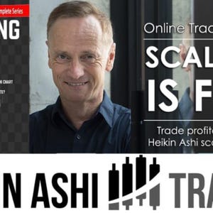 Könnte beinhalten: Das Bild zeigt einen lächelnden Mann mit dem Text "SCALPING IS FUN!" und "HEIKIN ASHI TRADER". Das Bild enthält auch den Text "Online Trading Course" und "Trade profitably with the Heikin Ashi scalping method."