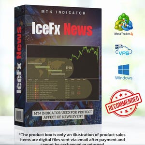 May include: A product box for IceFx News, a MT4 indicator. The box is dark blue with the text "IceFx News" in white and red. It includes a chart, world map, and the text "MT4 INDICATOR USED FOR PROTECT AFFECT OF NEWS EVENT". A "Recommended" stamp is also visible.