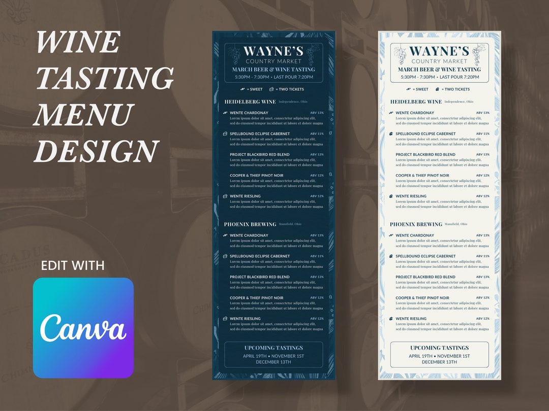 Printable Wine Menu Template, Wine Event Menu, Wine Bar Menu, Wine Tasting, Restaurant Specials ...