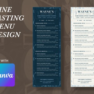 Szablon menu win do wydrukowania, menu wydarzeń winiarskich, menu baru winiarskiego, degustacja win, oferty specjalne restauracji, winiarnia, plik cyfrowy Canva PDF (13,5 x 4,75 cala)