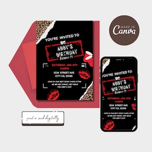 May include: A black and red birthday party invitation with a leopard print background. The invitation says "You're invited to Abby's Birthday Season 21" and includes the date, time, and location of the party. The invitation also includes a red lip print and a red solo cup.