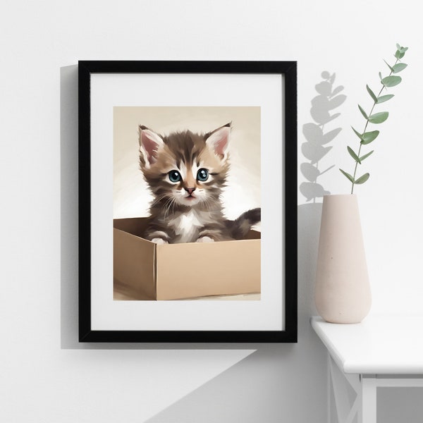 Kitten In A Box | Cat | Digital Art Print | Wall Art | Digital Download | Home Decor | Printable Art | AI Generated | AI Art