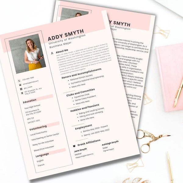 Sorority Resume and Cover Letter 2024, Sorority Resume with Photo, Pink Sorority Resume Template, Minimalist Sorority Recruitment Resume