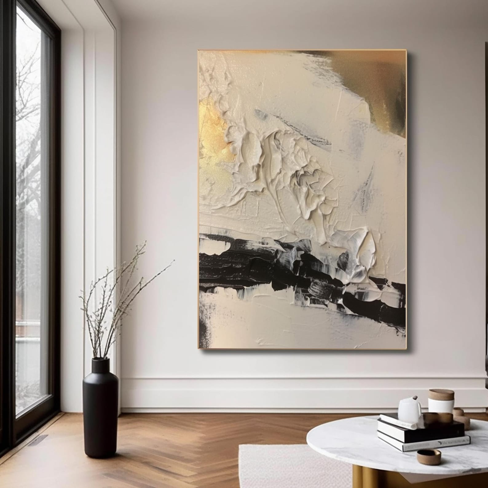Black and White Gold Abstract Art Canvas Print, Black Gold Acrylic ...