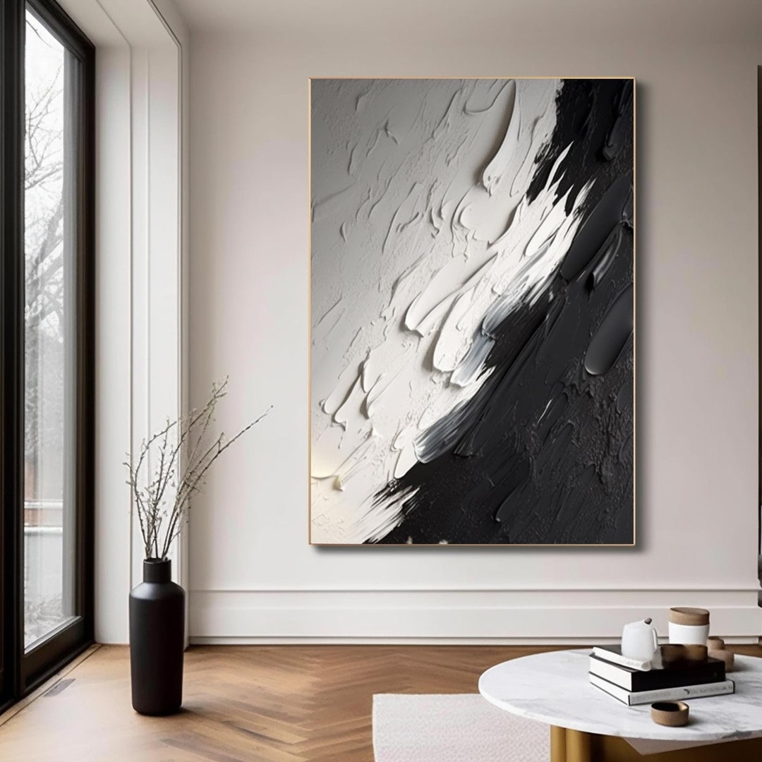 Large 3D Black and White Texture Painting, Acrylic White Abstract ...