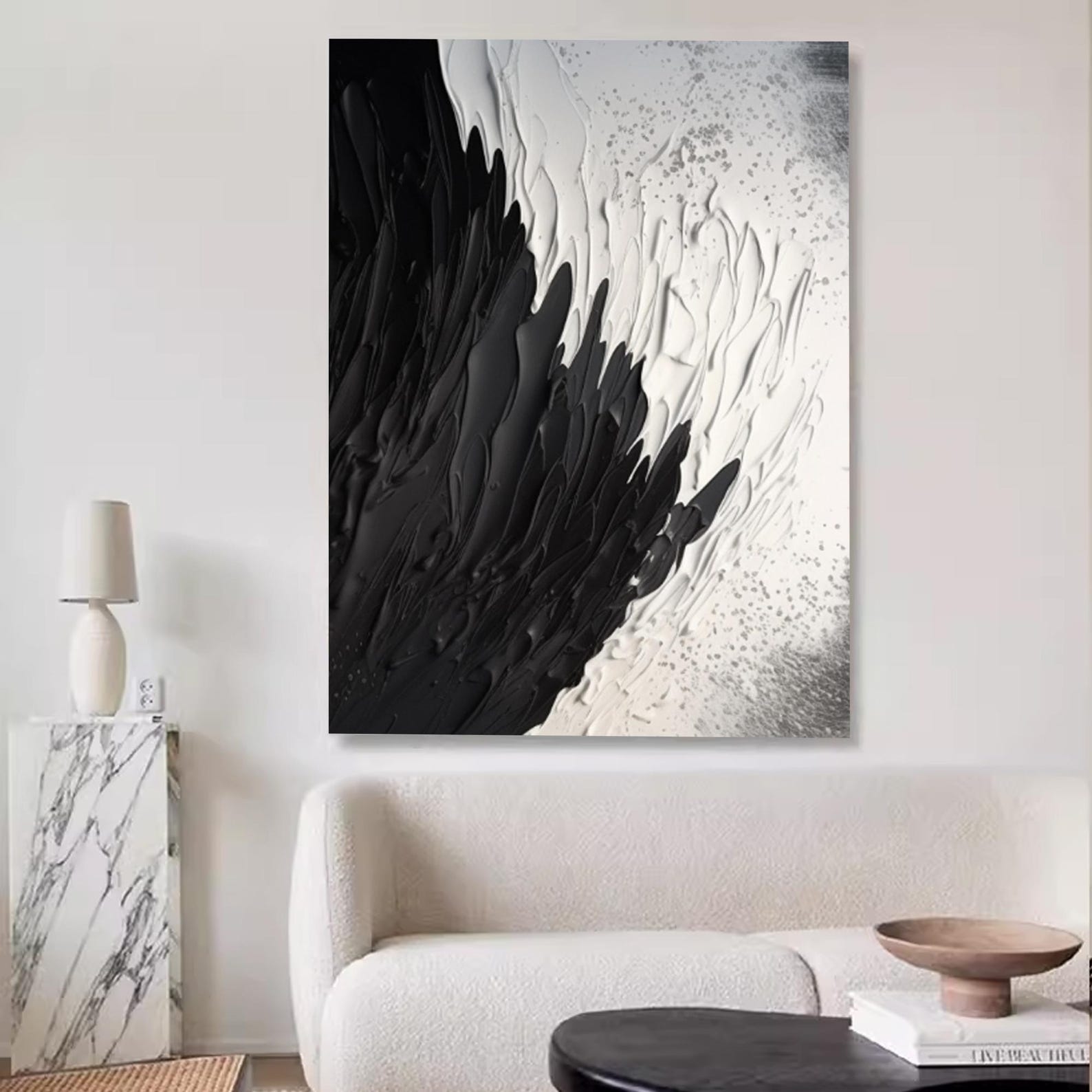 Large 3D Black and White Texture Painting, Acrylic White Abstract ...