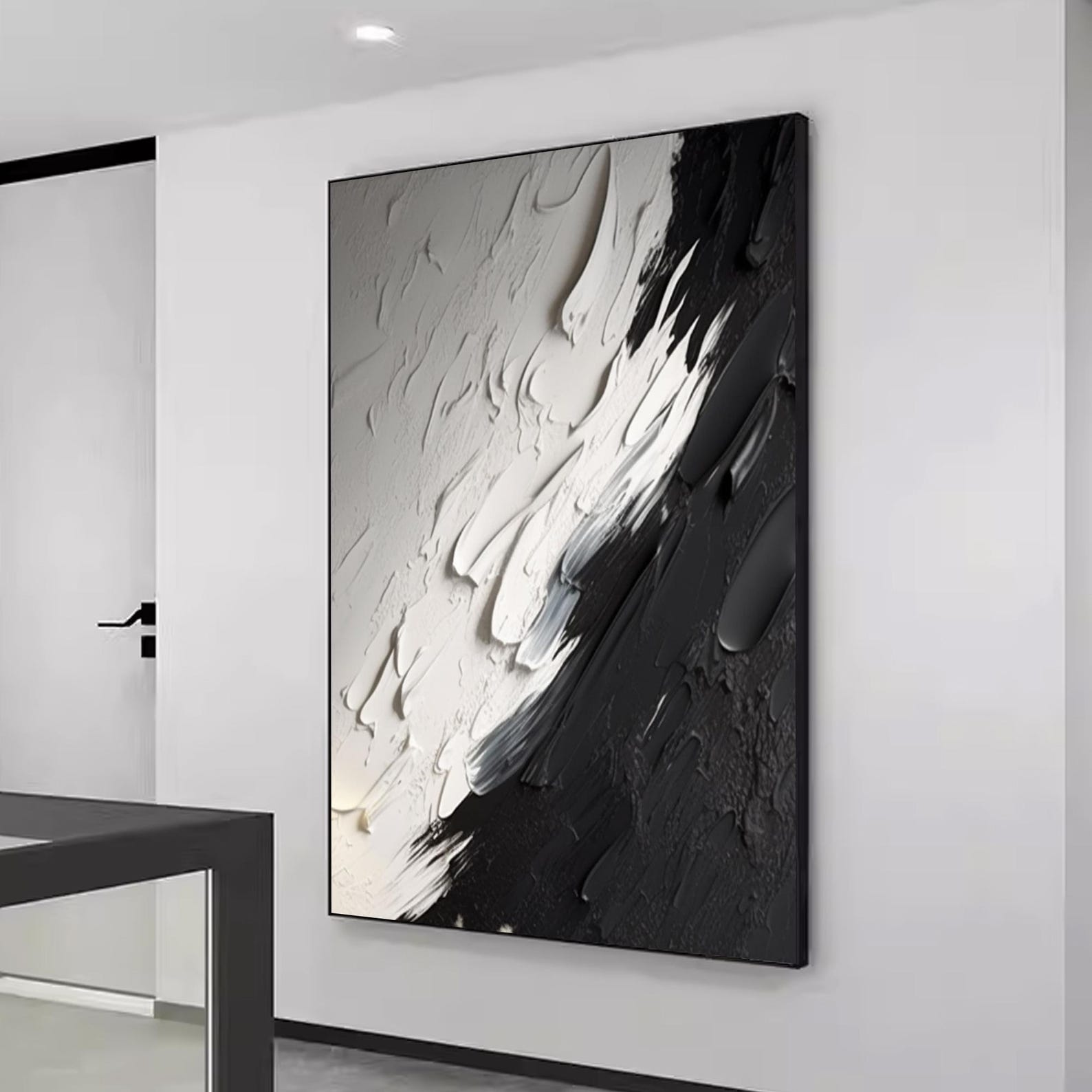 Large 3D Black and White Texture Painting, Acrylic White Abstract ...