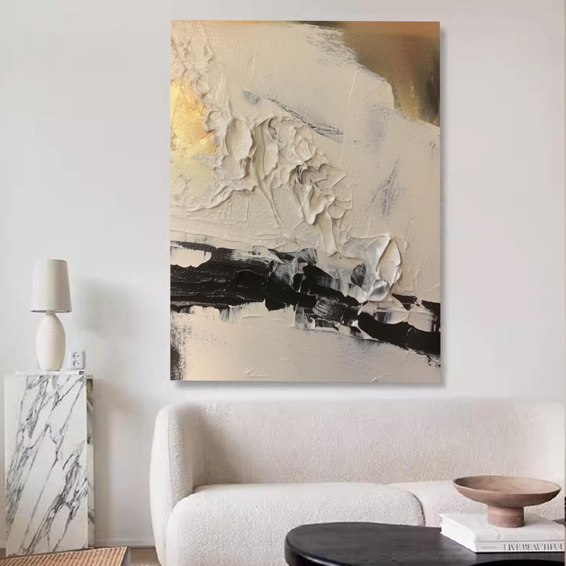Black and White Gold Abstract Art Canvas Print, Black Gold Acrylic ...