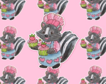 May include: A cartoon skunk wearing a pink chef's hat and a blue and white polka dot apron holds two cupcakes with pink frosting and strawberries on top. The background is pink.
