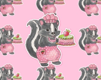 May include: A cartoon skunk wearing a pink dress and a pink chef's hat holds a pink and green cake with a strawberry on top.