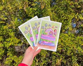 May include: Three watercolour illustrations of a fairy sleeping in a bed with a canopy. The bed is layered with pink, green and purple bedding. The fairy is wearing a purple dress and has wings. The illustrations are on a green background with small details like candles and flowers.