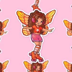 May include: A repeating pattern of a cartoon fairy on roller skates. The fairy has brown hair, orange wings, and wears an orange top, pink shorts, and orange roller skates. The background is light pink.
