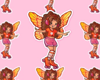 May include: A repeating pattern of a cartoon fairy on roller skates. The fairy has brown hair, orange wings, and wears an orange top, pink shorts, and orange roller skates. The background is light pink.