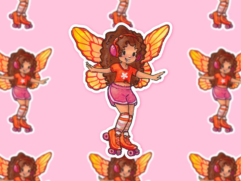 May include: A repeating pattern of a cartoon fairy on roller skates. The fairy has brown hair, orange wings, and wears an orange top, pink shorts, and orange roller skates. The background is light pink.