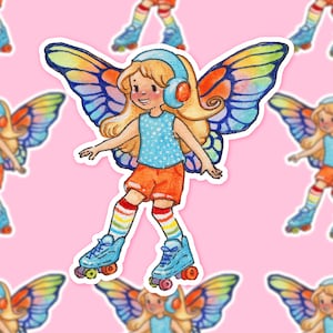 May include: A colourful illustration of a fairy wearing roller skates and headphones. The fairy has blonde hair, a blue and white polka dot shirt, orange shorts, and rainbow striped socks. The fairy's wings are rainbow coloured and have a blue and green iridescent sheen.
