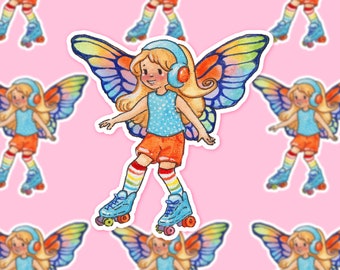 May include: A colourful illustration of a fairy wearing roller skates and headphones. The fairy has blonde hair, a blue and white polka dot shirt, orange shorts, and rainbow striped socks. The fairy's wings are rainbow coloured and have a blue and green iridescent sheen.