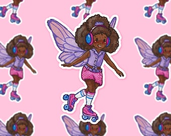 May include: A sticker featuring a cartoon fairy with brown skin, purple wings, and pink roller skates. She is wearing a purple shirt, pink shorts, and headphones. The background is pink.