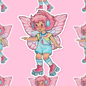May include: A sticker featuring a cartoon fairy with pink hair and blue headphones, wearing a rainbow striped shirt and blue overalls, roller skating. The fairy has pink butterfly wings and is on a pink background.