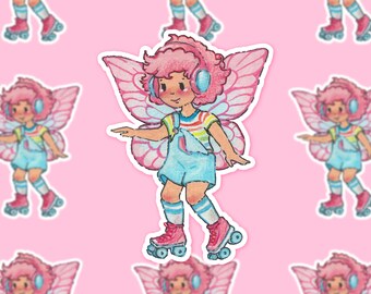 May include: A sticker featuring a cartoon fairy with pink hair and blue headphones, wearing a rainbow striped shirt and blue overalls, roller skating. The fairy has pink butterfly wings and is on a pink background.