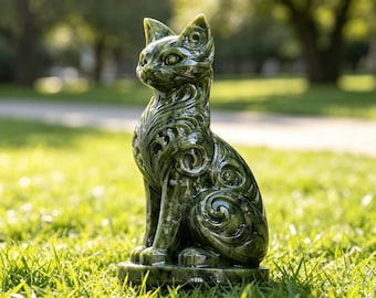 Escultura de gato ornamentada em jade verde natural, estatueta de gato de cristal feita à mão, decoração mística para casa, ornamento de mesa de cristal para cura.