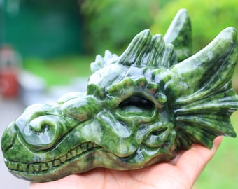 6.2&quot; Natural Jade Dragon Skull,Quartz Crystal Carved ,Crystal Heal Reiki,Home decoration,Crystal Sculpture,Mineral,Crystal Gifts