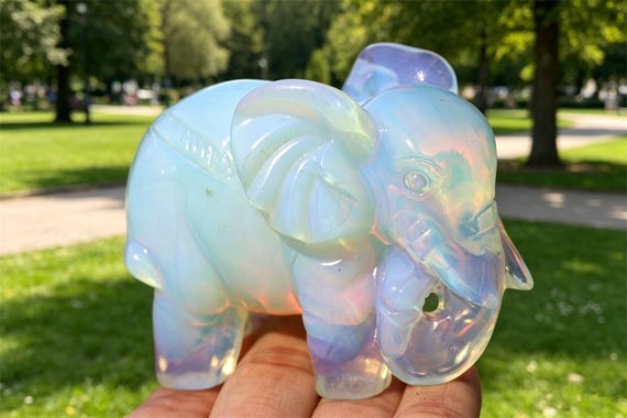Opalite Elephant Statue, Hand Carved Crystal Animal Figurine, Reiki Healing, Home Ornament, Lucky Gift