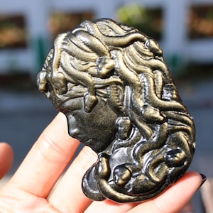 3.2&quot; Natural gold obsidian carved Medusa,Quartz Crystal Carved ,Crystal Heal Reiki,Home decoration,Crystal Sculpture,Mineral,Crystal Gifts