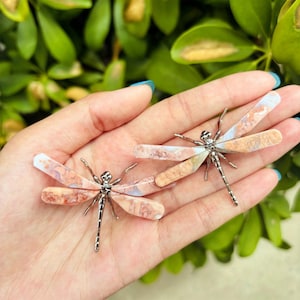 Peut inclure: Deux broches libellules avec des corps en métal argenté et des ailes en pierre multicolore à motifs. Les ailes présentent des nuances de pêche, de crème et de blanc. Les broches sont présentées sur une main devant un fond de verdure.