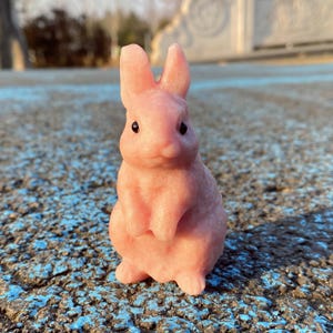 May include: A small, pink bunny figurine with black eyes and upright ears. The bunny is standing on its hind legs, with its front paws clasped together. The figurine is made of a smooth material and has a detailed, carved appearance.