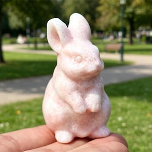 May include: A small, pink bunny figurine with upright ears and a rounded body. The bunny is carved from a stone-like material and held in a hand. The background is a park with green grass and trees.