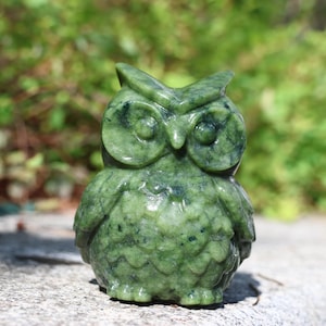 Könnte beinhalten: Eine grüne Jade-Eulenfigur mit detaillierter Schnitzerei. Die Eule hat große, runde Augen und eine strukturierte Oberfläche.