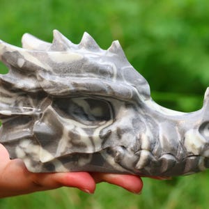 以下が含まれることがあります： 石でできたドラゴンの頭部の詳細な彫刻。ドラゴンの頭部はグレーと白で、表面は質感があります。彫刻は鋭く尖った特徴があり、ぼやけた緑色の背景に対して手で持たれています。