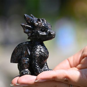 May include: A small, detailed black dragon figurine with wings and a textured surface. The dragon is sitting, with its head turned slightly to the side. The figurine is held in a person's hand, with a blurred background.