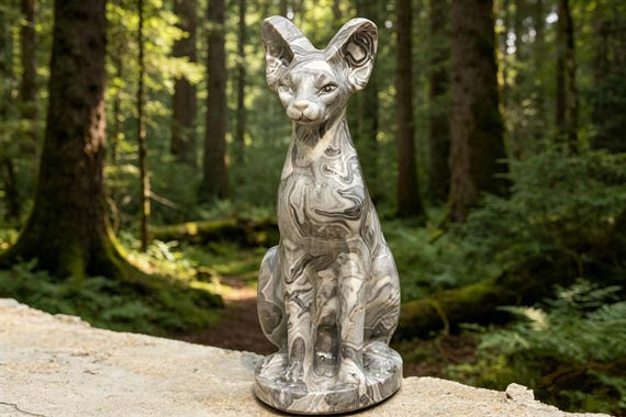 Shell Stone Sphynx Cat Crystal Sculpture, Hand Carved Hairless Cat