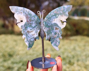 Natural moss agate butterly Wings, Crystal Wings Carving, Crystal Healing, Crystal Butterfly，Home Decor, Crystal Gifts+free Stand