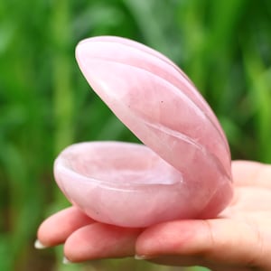 May include: A pink rose quartz shell-shaped object with a smooth, polished surface. The object is held in a hand against a blurred green background. The shell is open, revealing a small, shallow bowl.