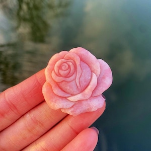 May include: A carved pink rose, with intricate petal detailing and a central spiral. The rose is a soft, muted pink hue, with the carving emphasizing the material's texture. The background is a blurred mix of dark green and blue.