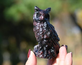 May include: A carved owl figurine in shades of dark red and black. The owl is perched upright, with detailed feather and eye features. The figurine is held in a hand against a blurred green background.