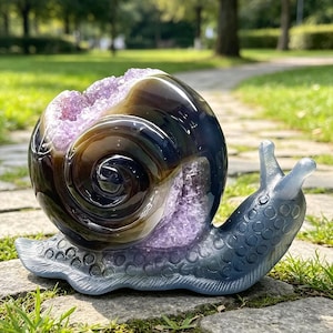 May include: A snail figurine crafted from dark, polished stone with a smooth, swirling shell pattern. The center of the shell features a cluster of light purple amethyst crystals. The body of the snail is a translucent, textured blue-grey material.