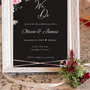 Black Wedding Invitation, Minimal Wedding Invite Suite, Modern Invite, Simple Editable Invite Canva Template, Flower Invitation,Black Invite
