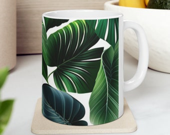 Taza de cerámica con diseño de hojas