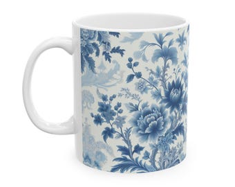Blue Floral Mug, Blue Floral Chinoiserie Coffee Mug, Blue Ceramic Mug, (11oz, 15oz)