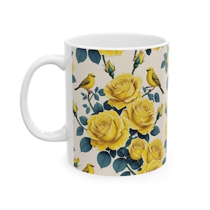 Yellow Flowers Toile De Jouy Mug, Yellow Birds Toile De Jouy Mug, Floral Ceramic Mug, (11oz, 15oz)