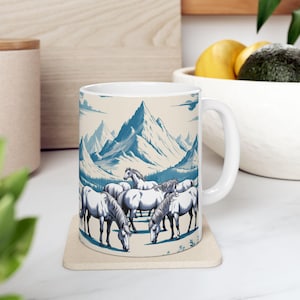 Horses Coffee Mug, Blue Vintage Mug, Gift For Horse Lover, Horse Ceramic Mug, (11oz, 15oz)