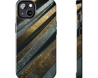 Puede incluir: Funda negra para smartphone con un diseño de rayas diagonales doradas y plateadas con purpurina. La funda tiene un módulo de cámara negro y botones laterales. El diseño también es visible en el lateral.